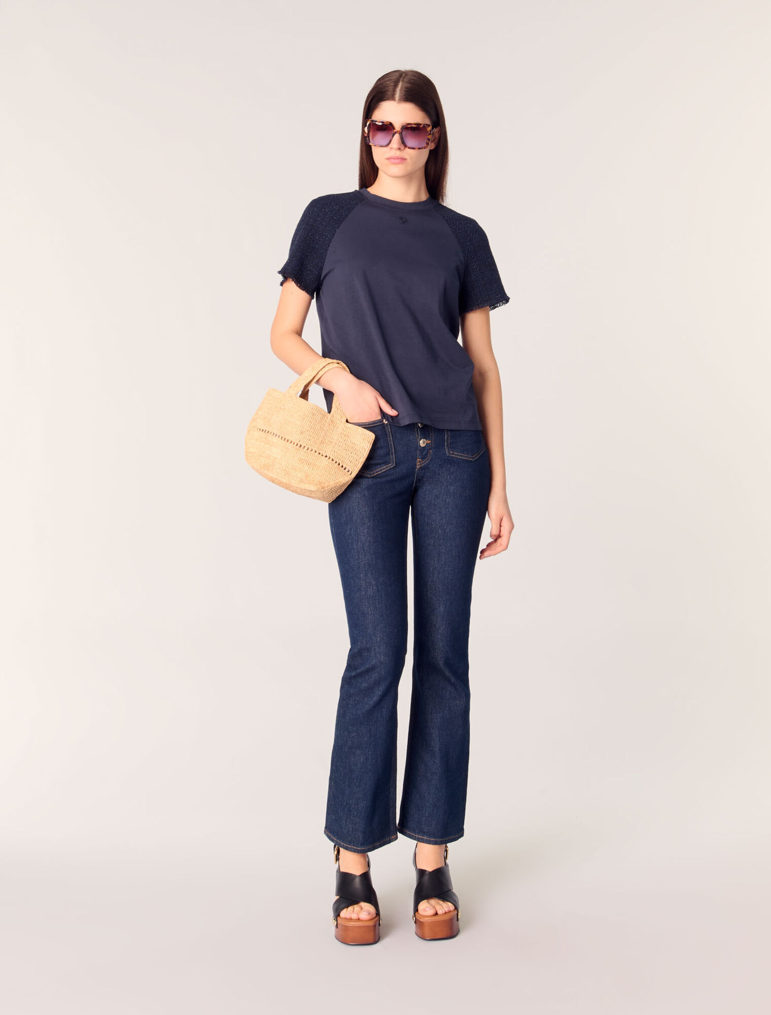 T-Shirt mit Tweed-Ärmeln
