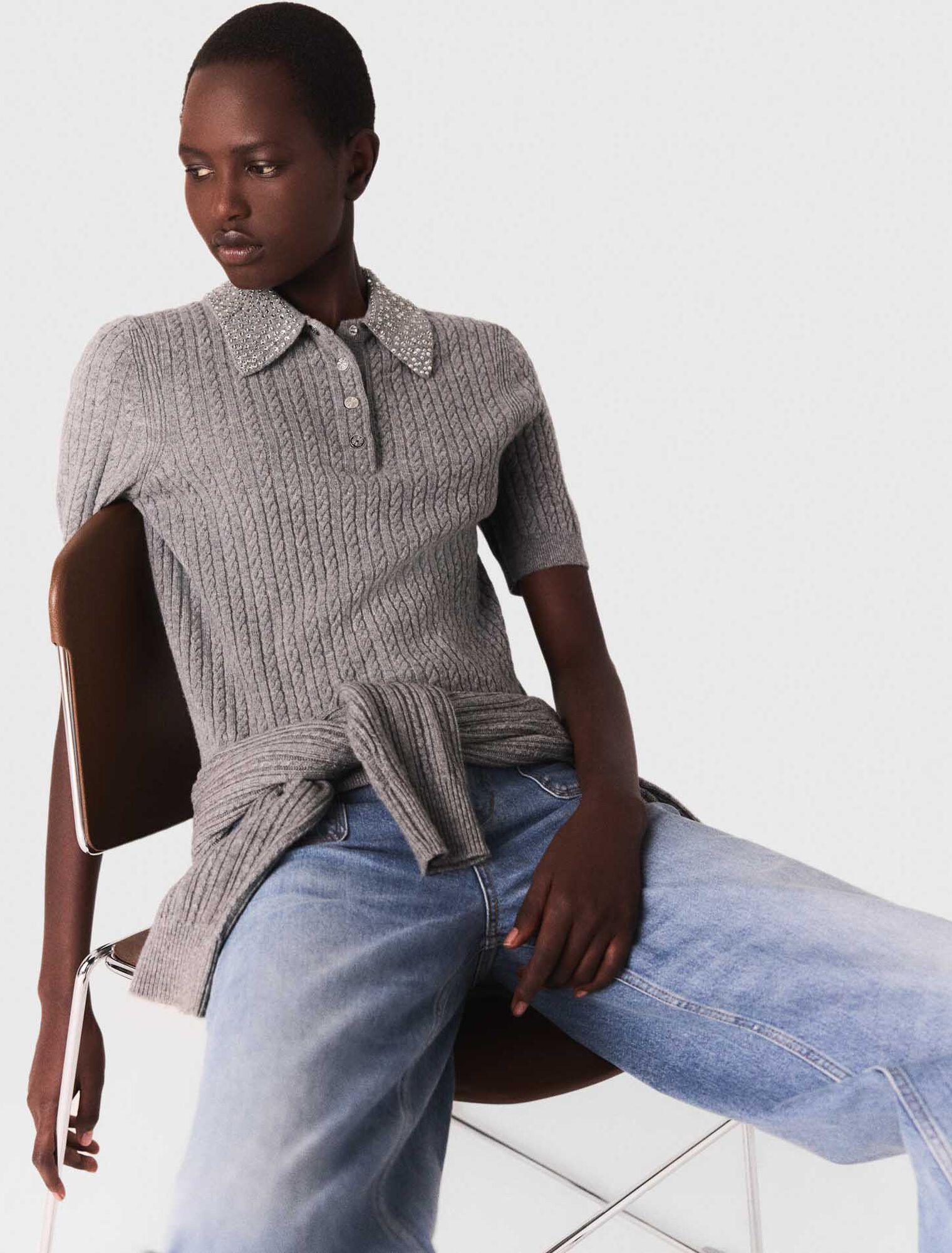 Poloshirt aus Wolle mit Strasskragen