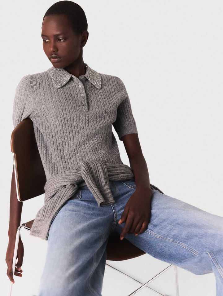 Poloshirt aus Wolle mit Strasskragen