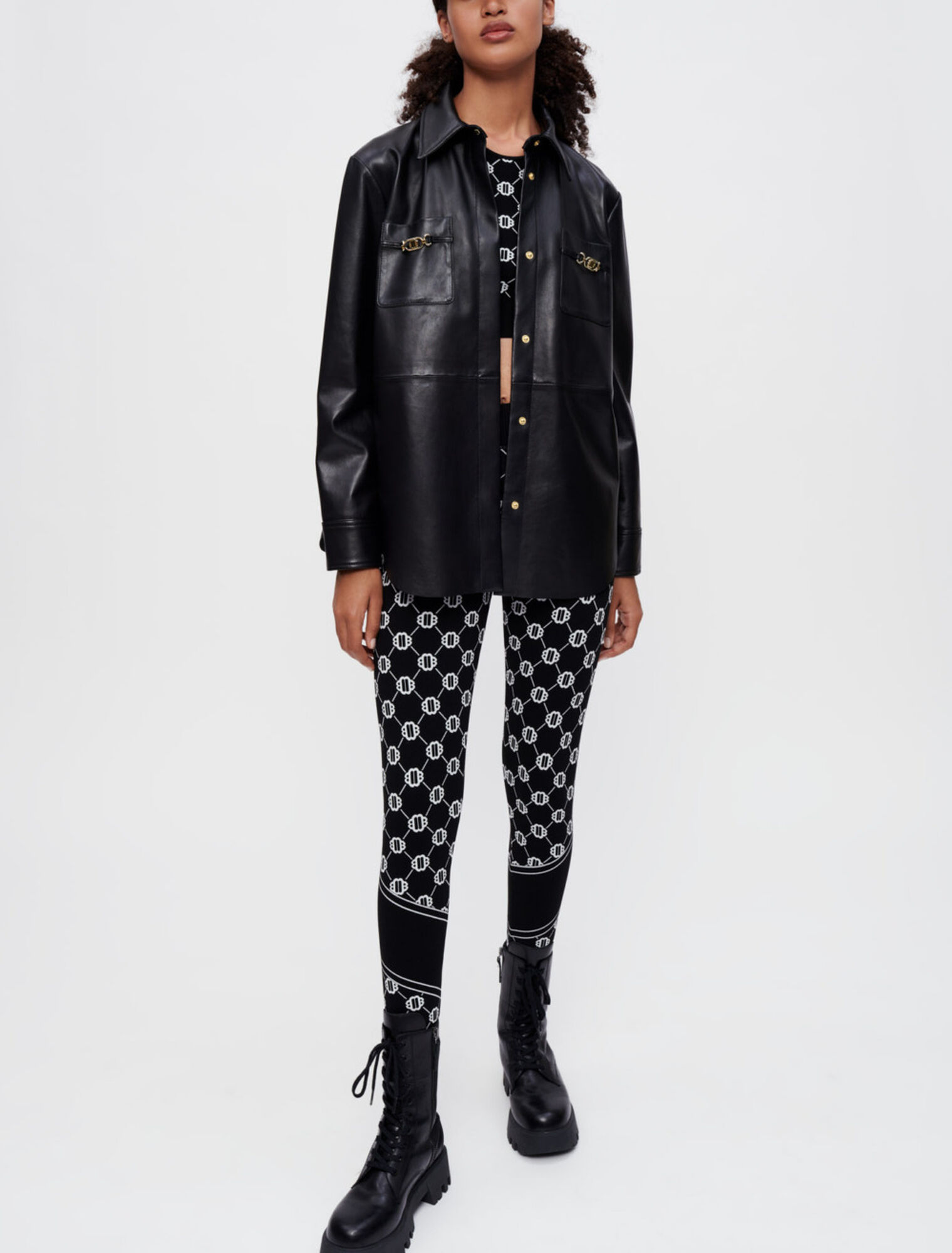 Schwarzes Lederhemd mit Trensen in Gold