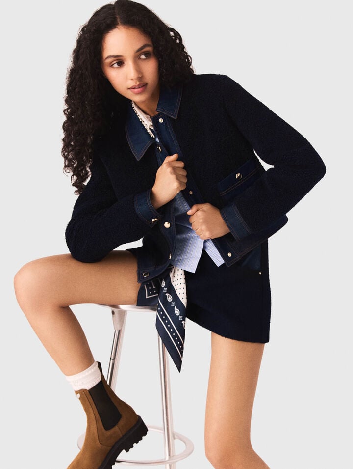Blouson aus Boucl&eacute; mit Denimdetails