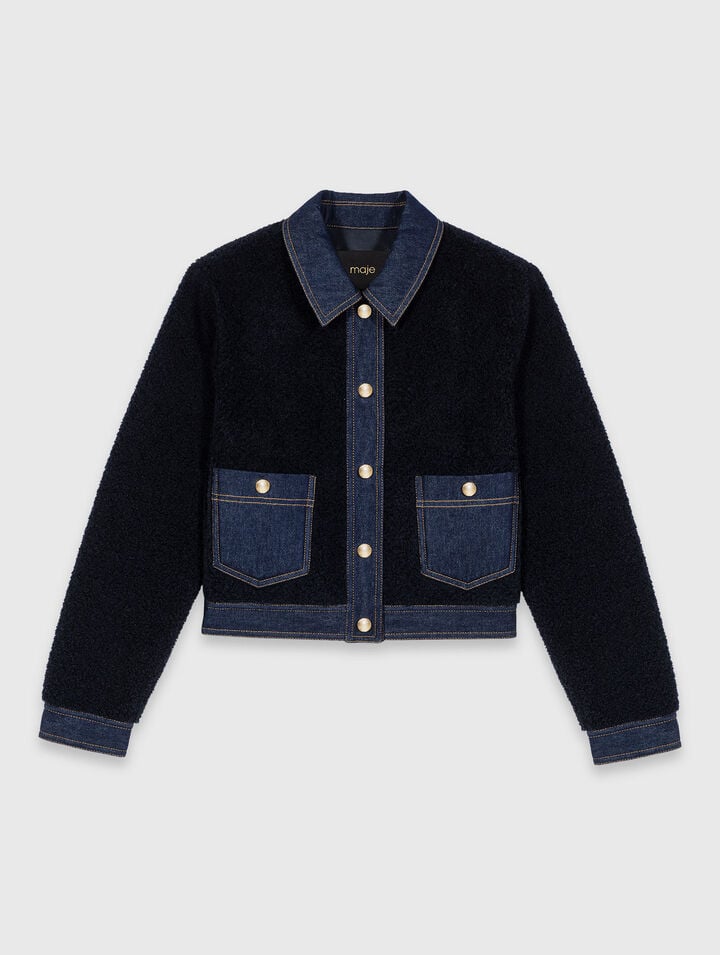 Blouson aus Boucl&eacute; mit Denimdetails