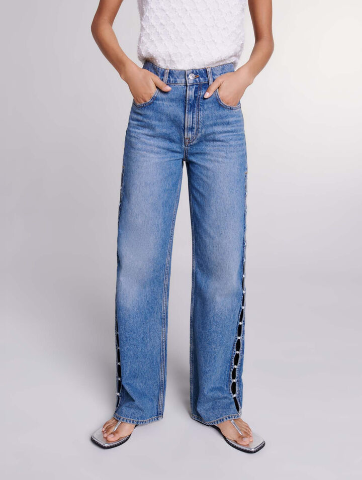 Gerade Jeans Lochmuster und Perlen