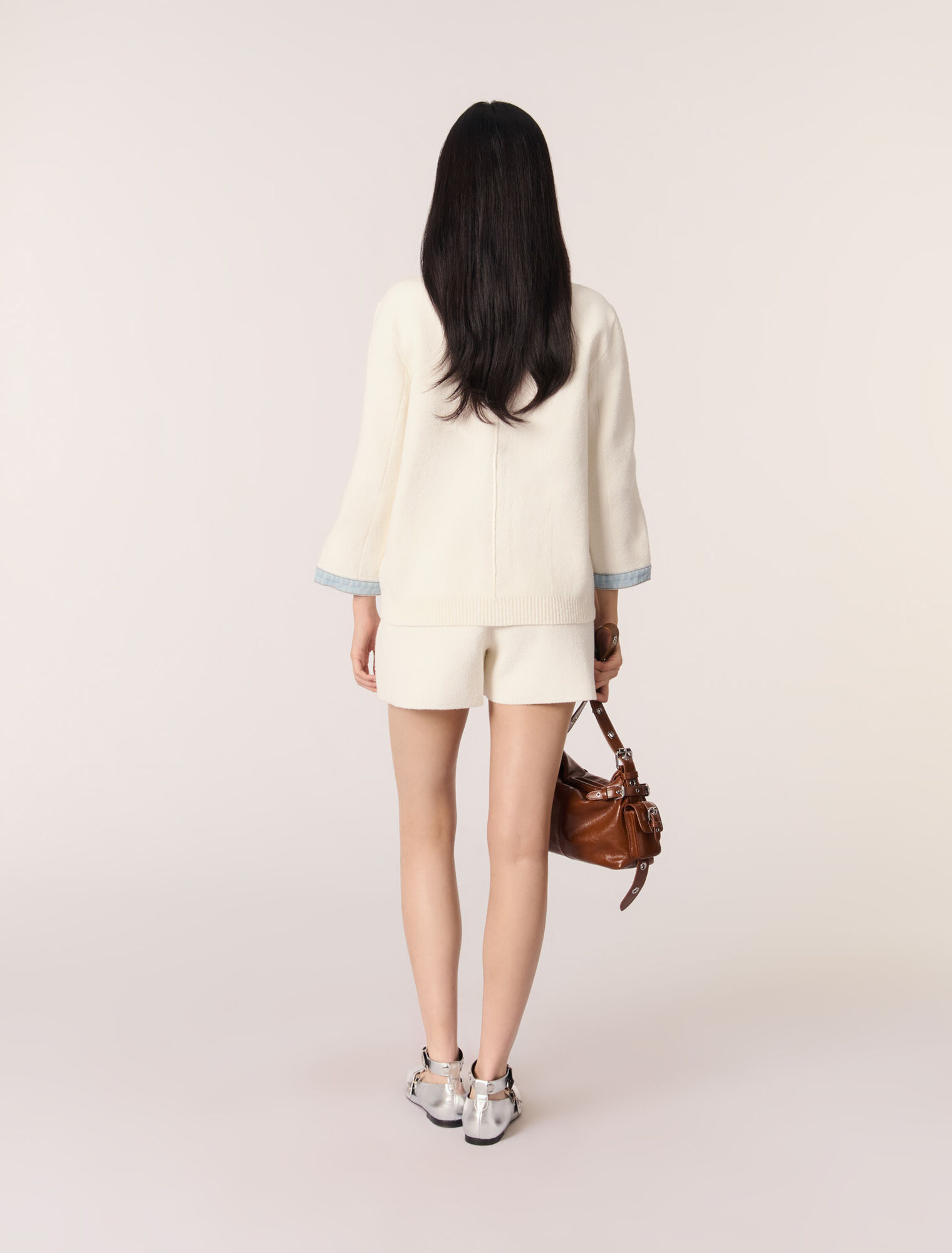 Langer Cardigan mit Denimdetails