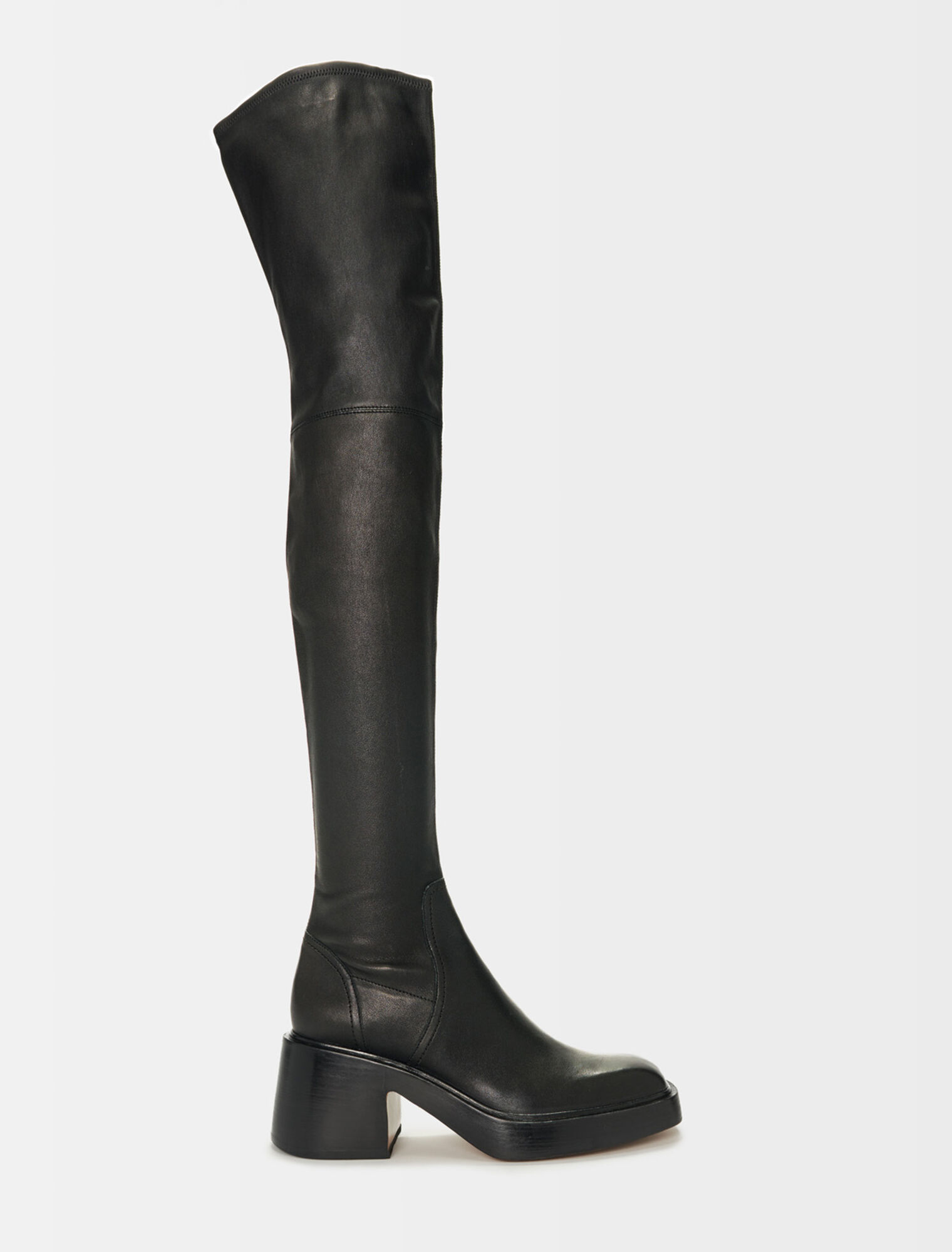 Overknee-Absatzstiefel, schwarzes Leder