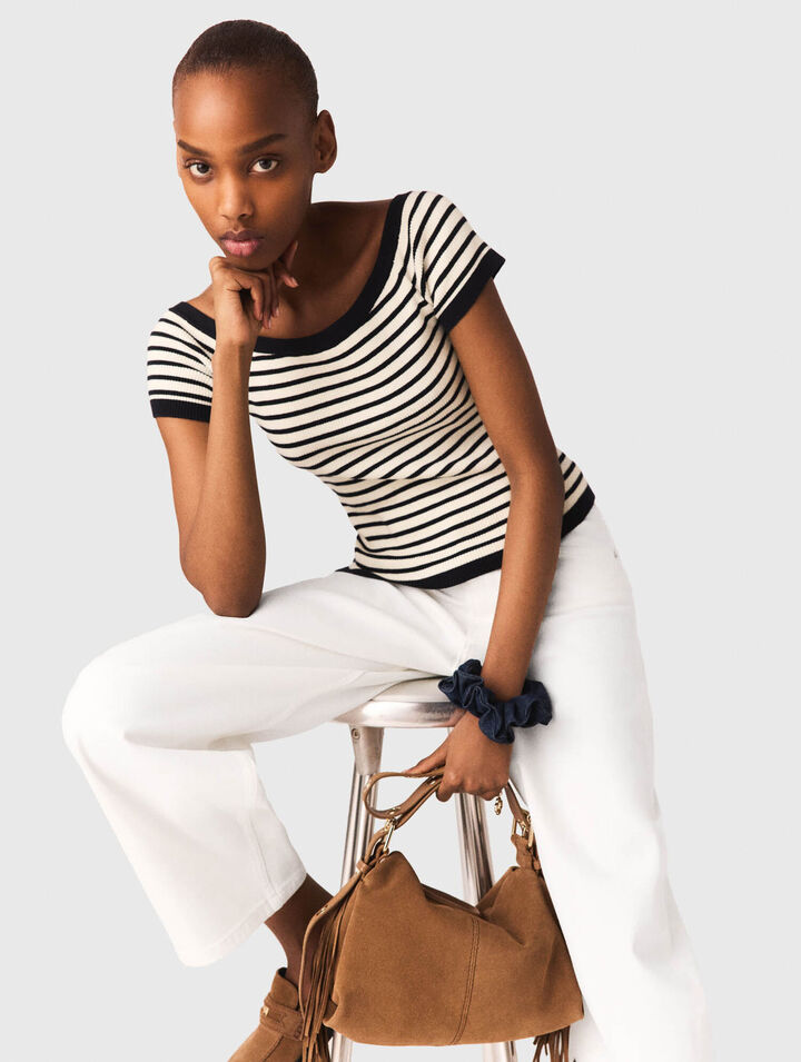 Rippstrick-Top U-Boot-Ausschnitt