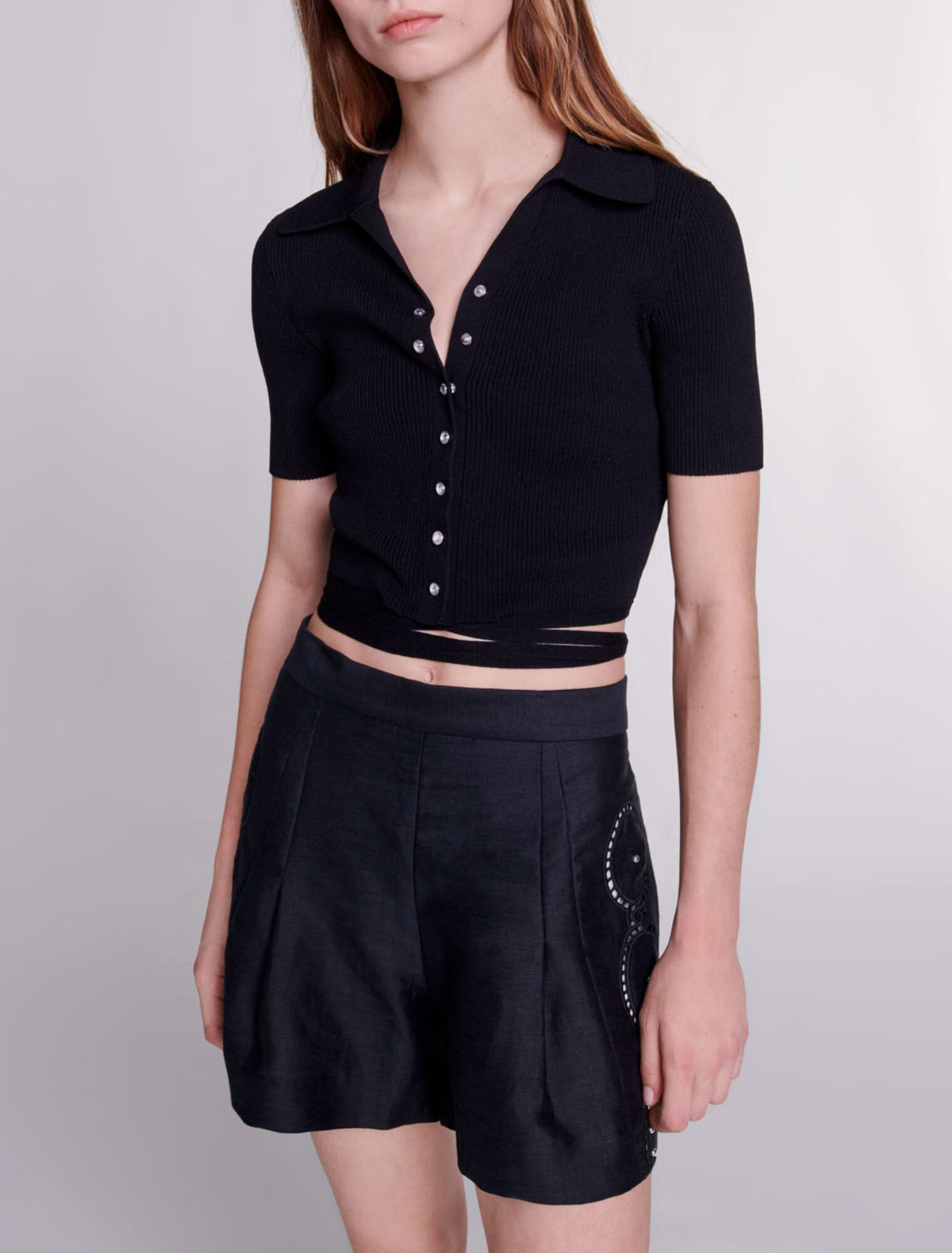 Leinen-Shorts Nieten & Lochmuster