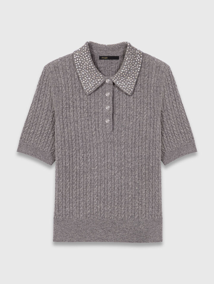 Poloshirt aus Wolle mit Strasskragen