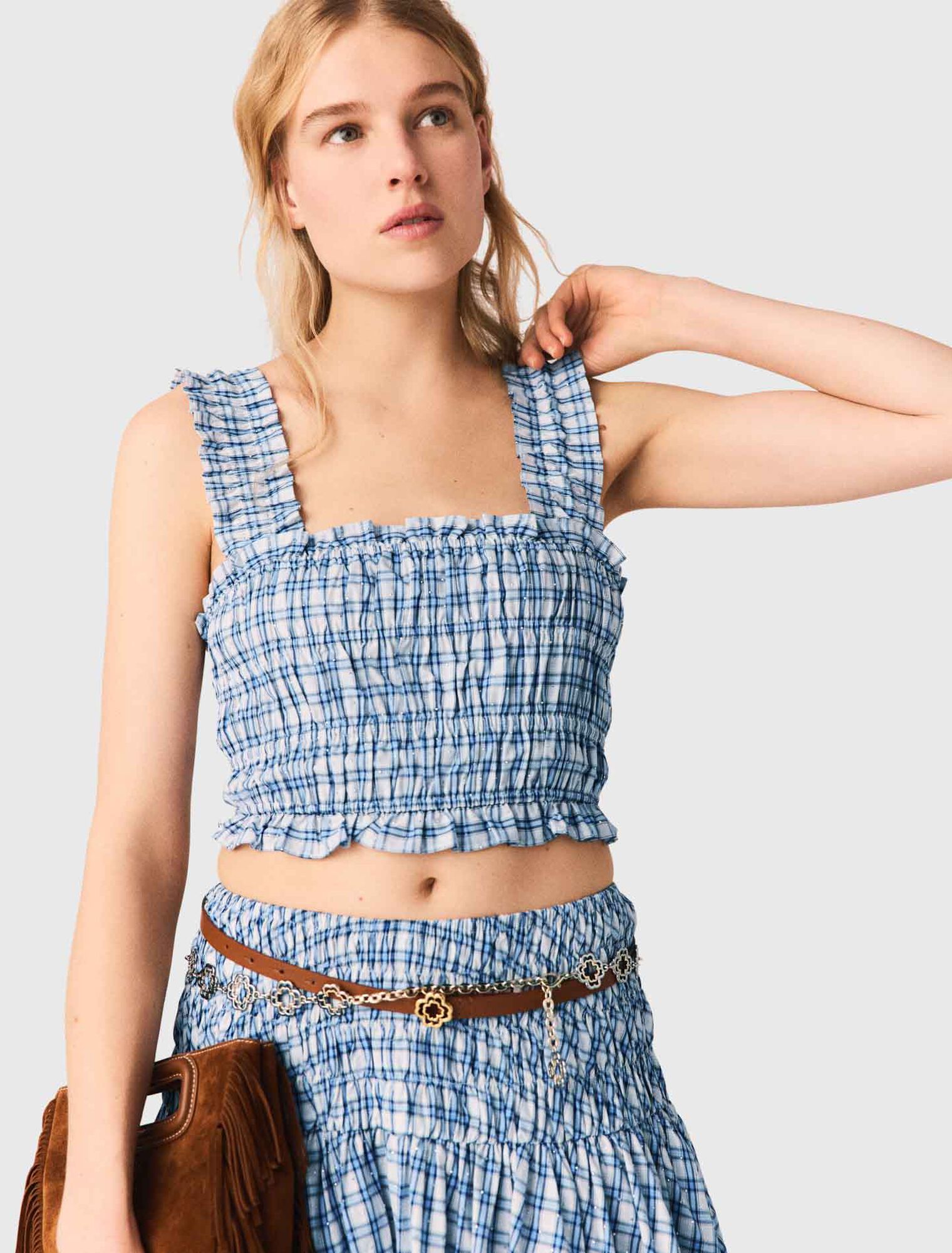 Gesmoktes Baumwolltop mit Strass