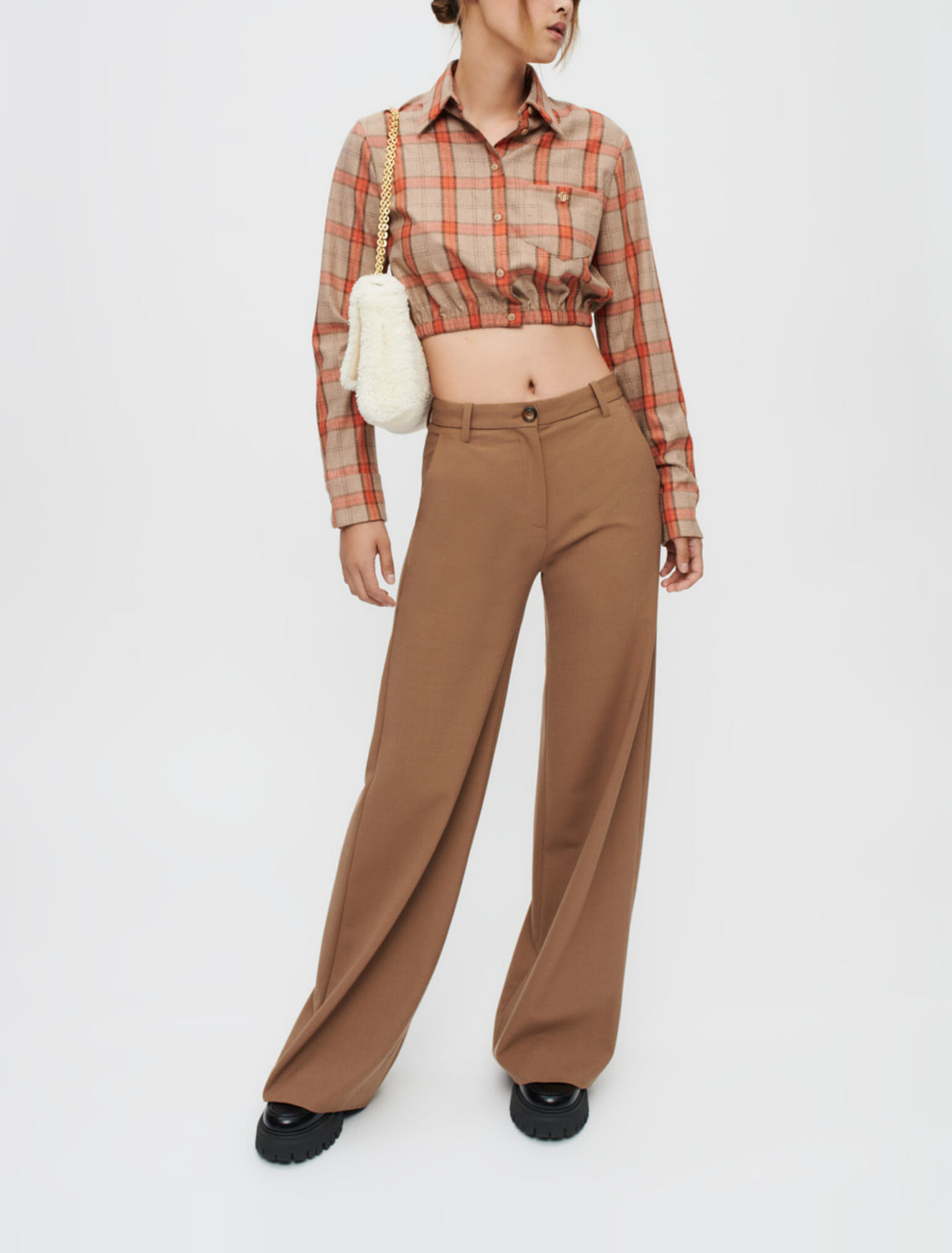 Crop-Hemd mit Karos in Camel und Orange