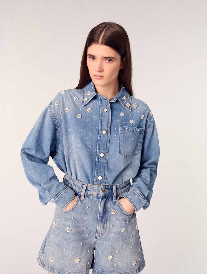 Denim-Shorts mit bestickten Perlen