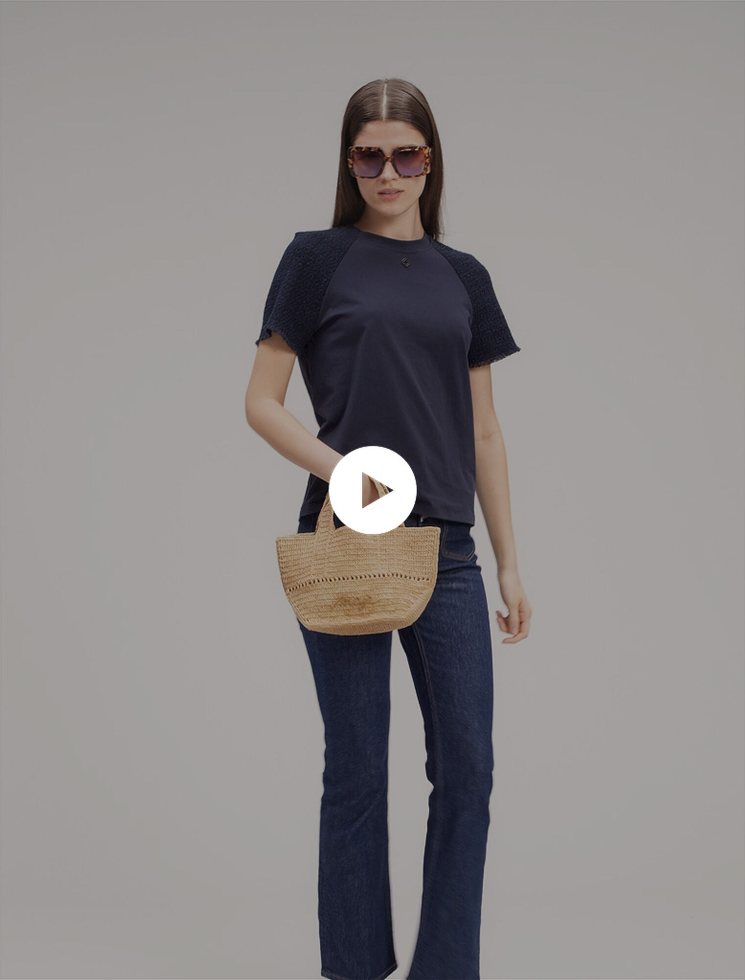 T-Shirt mit Tweed-Ärmeln