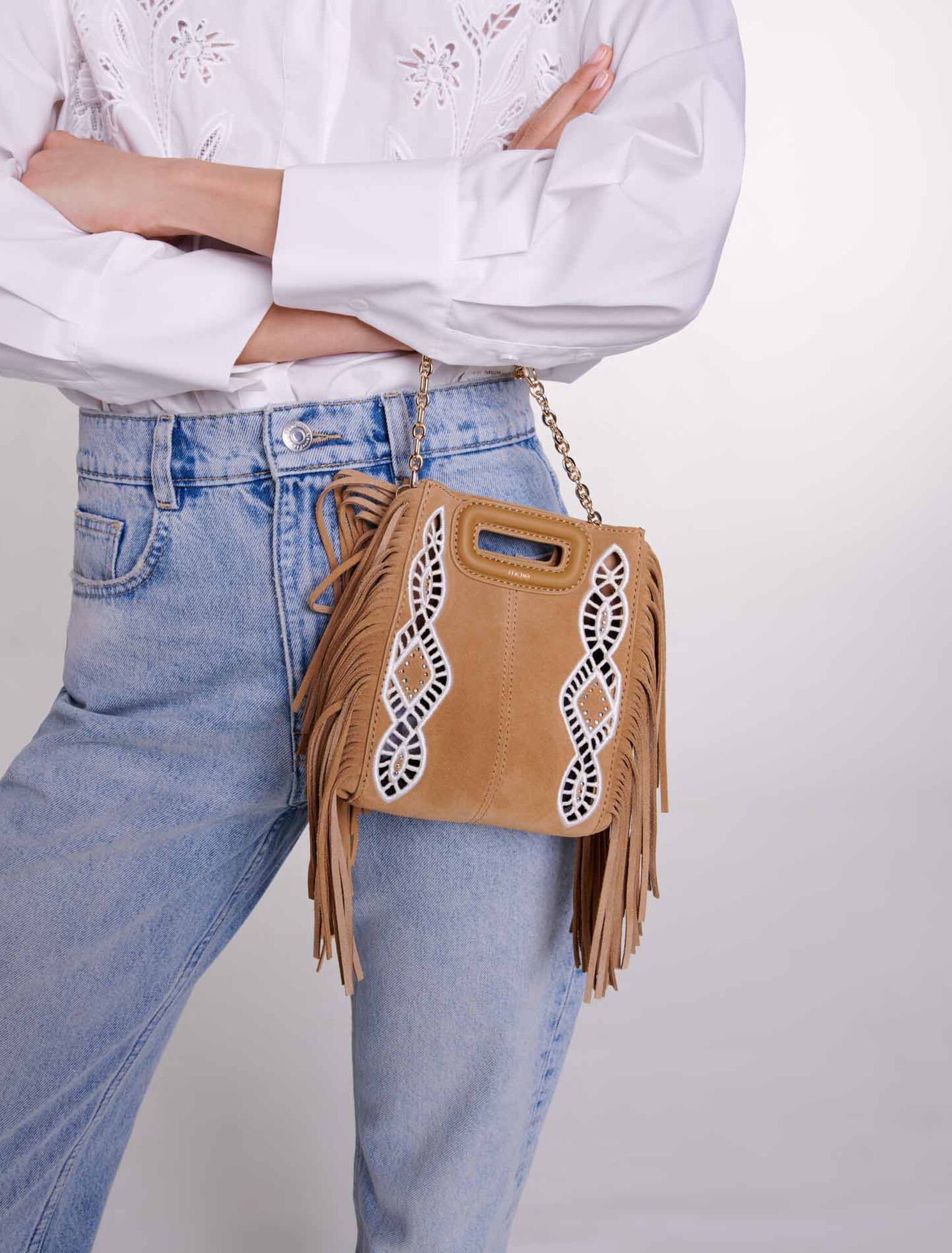 Mini-M-Tasche Velours mit Fransen