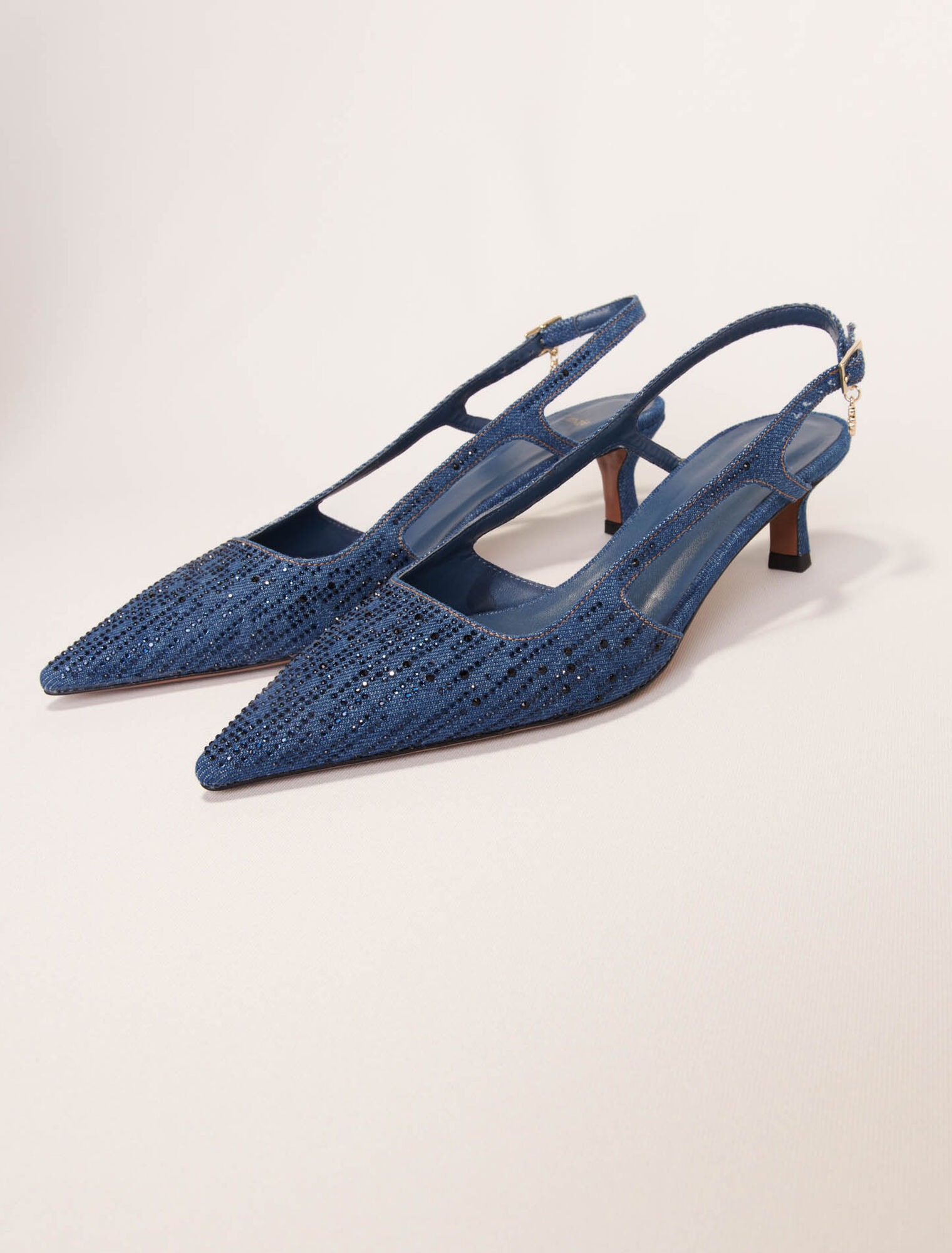 Slingback-Denim-Pumps mit Strass