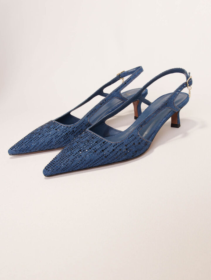 Slingback-Denim-Pumps mit Strass