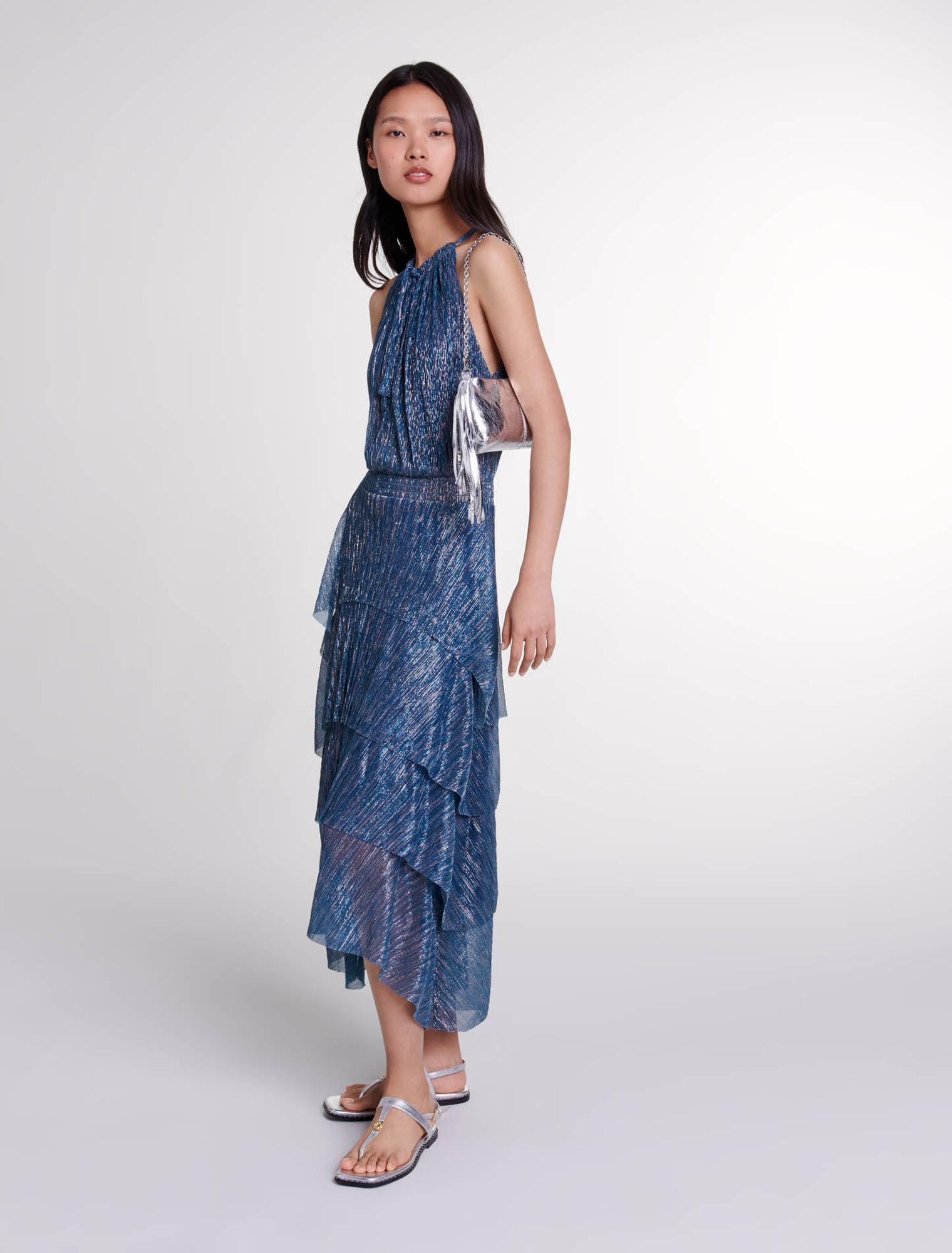 Langes Lamee-Kleid mit Volants