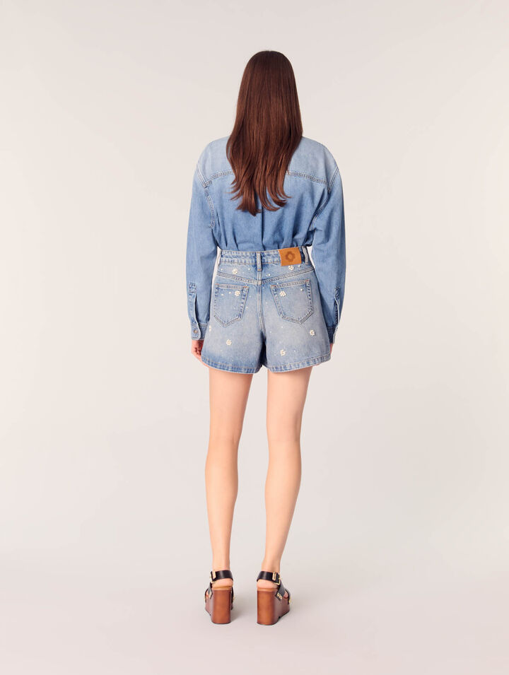 Denim-Shorts mit bestickten Perlen