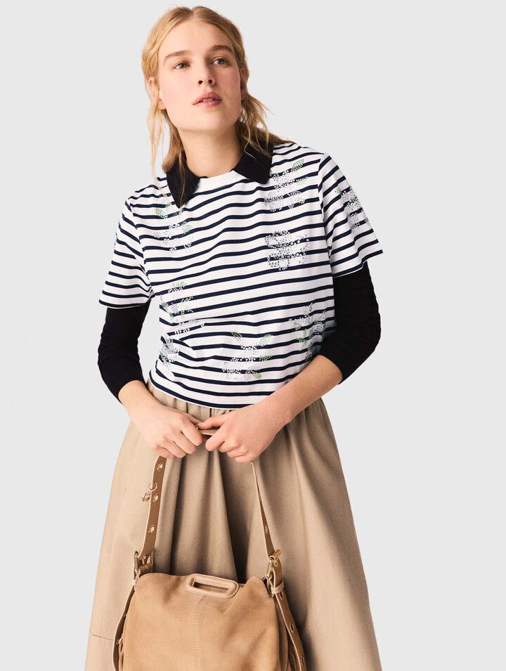 Gestreiftes Shirt mit Strassblumen