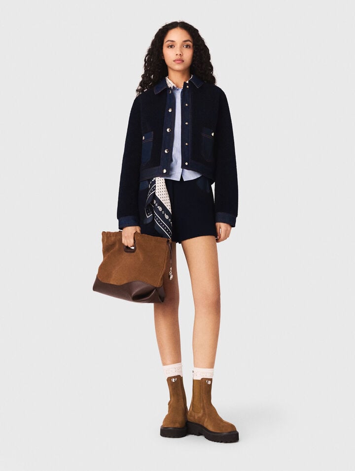 Blouson aus Boucl&eacute; mit Denimdetails