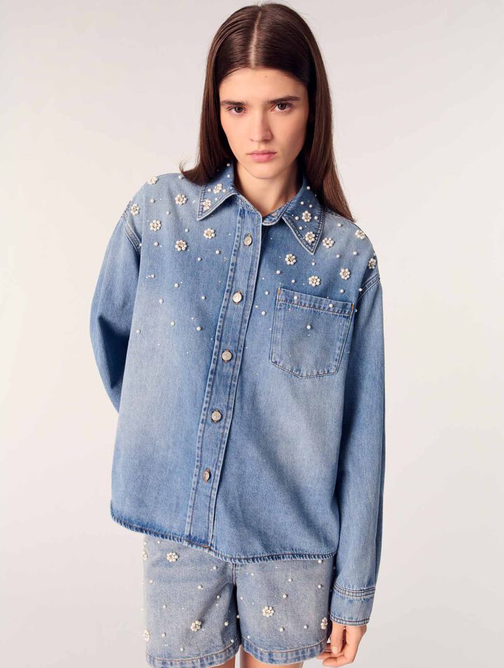 Jeanshemd mit Perlenstickerei
