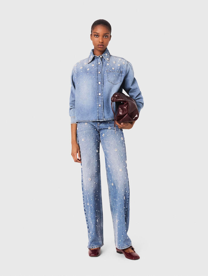 Jeanshemd mit Perlenstickerei