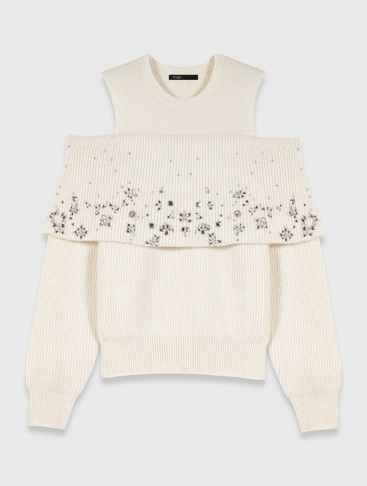Schulterfreier Pullover mit Schmuck