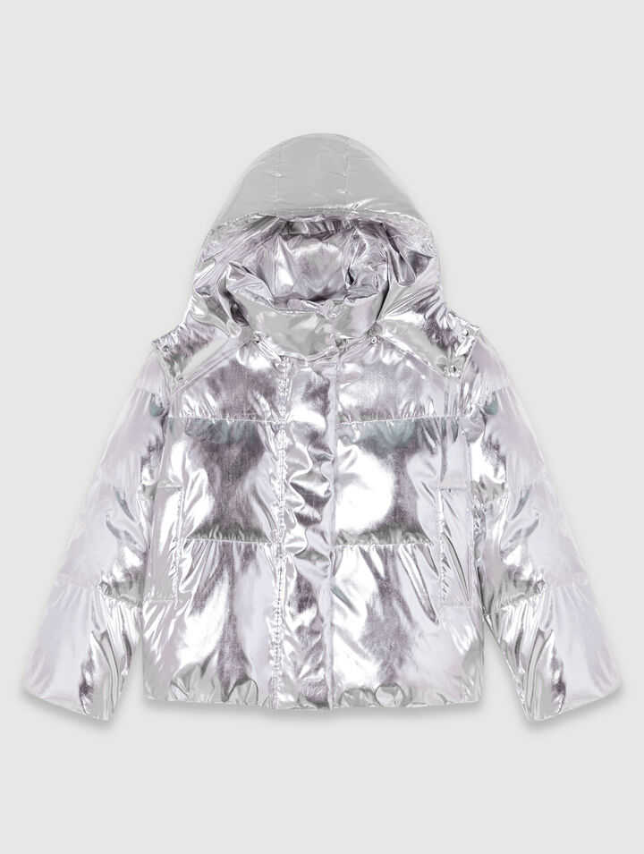 Silberne Daunenjacke mit Kapuze