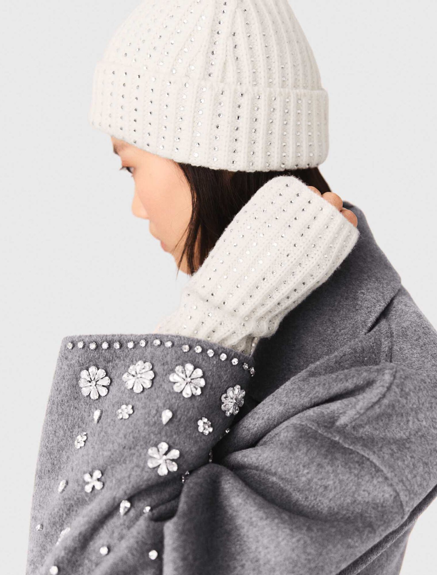 Woll-Halbhandschuhe mit Strass