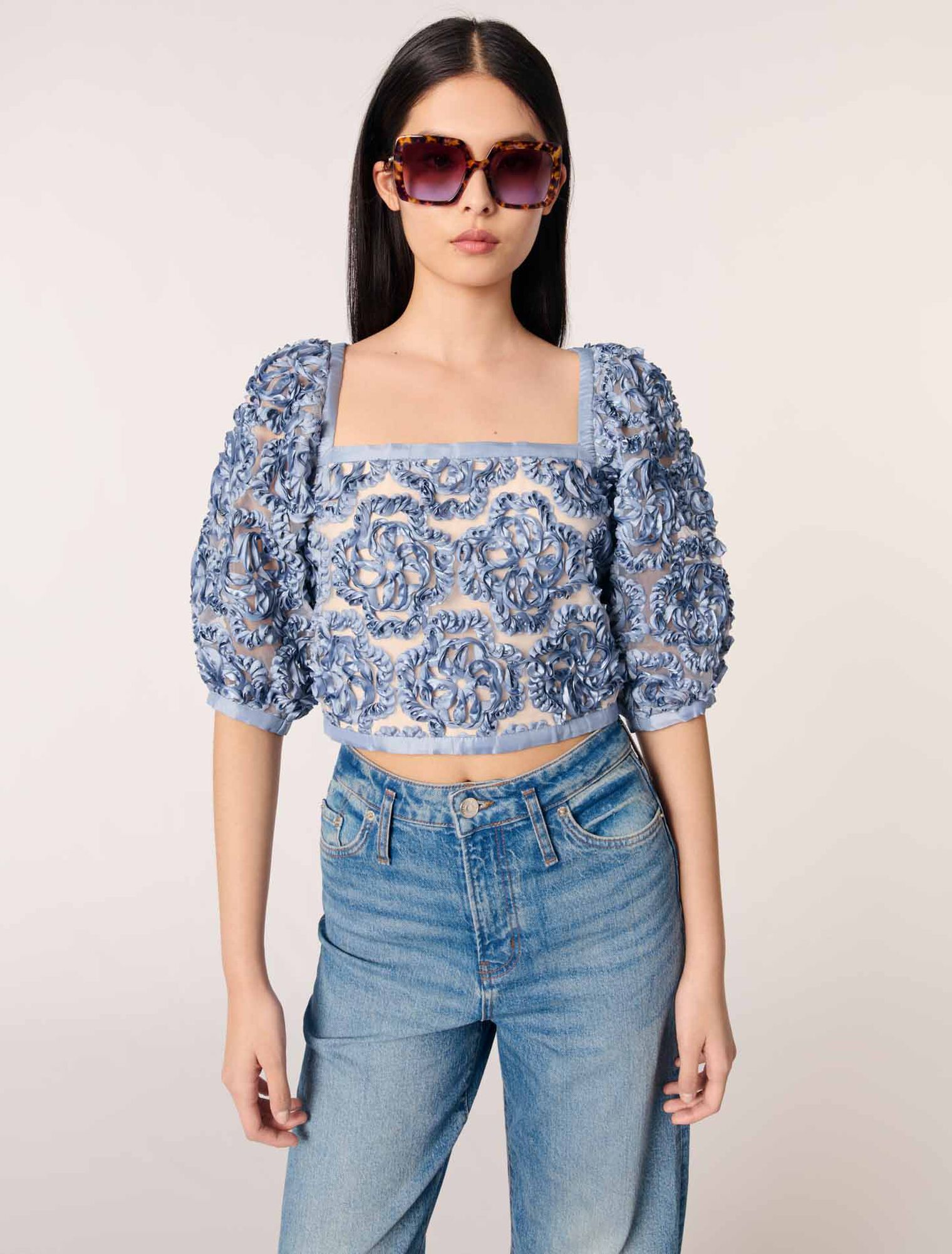 Organza-Top mit floralem Motiv