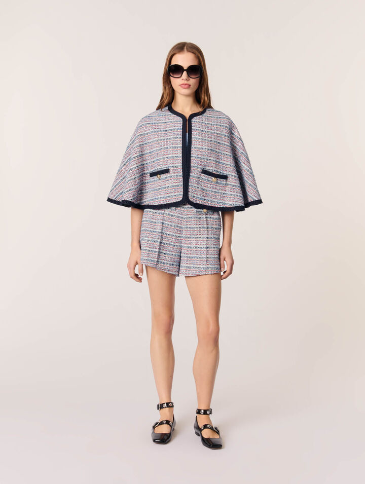 Cape aus Tweed mit Kontrastborte