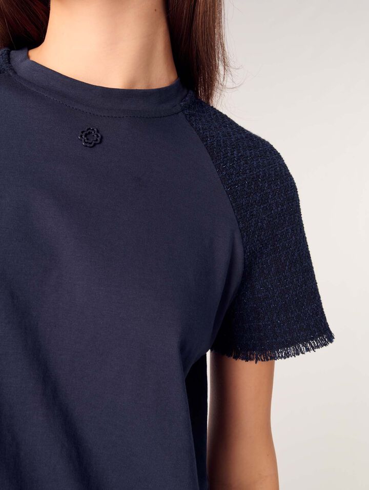 T-Shirt mit Tweed-Ärmeln