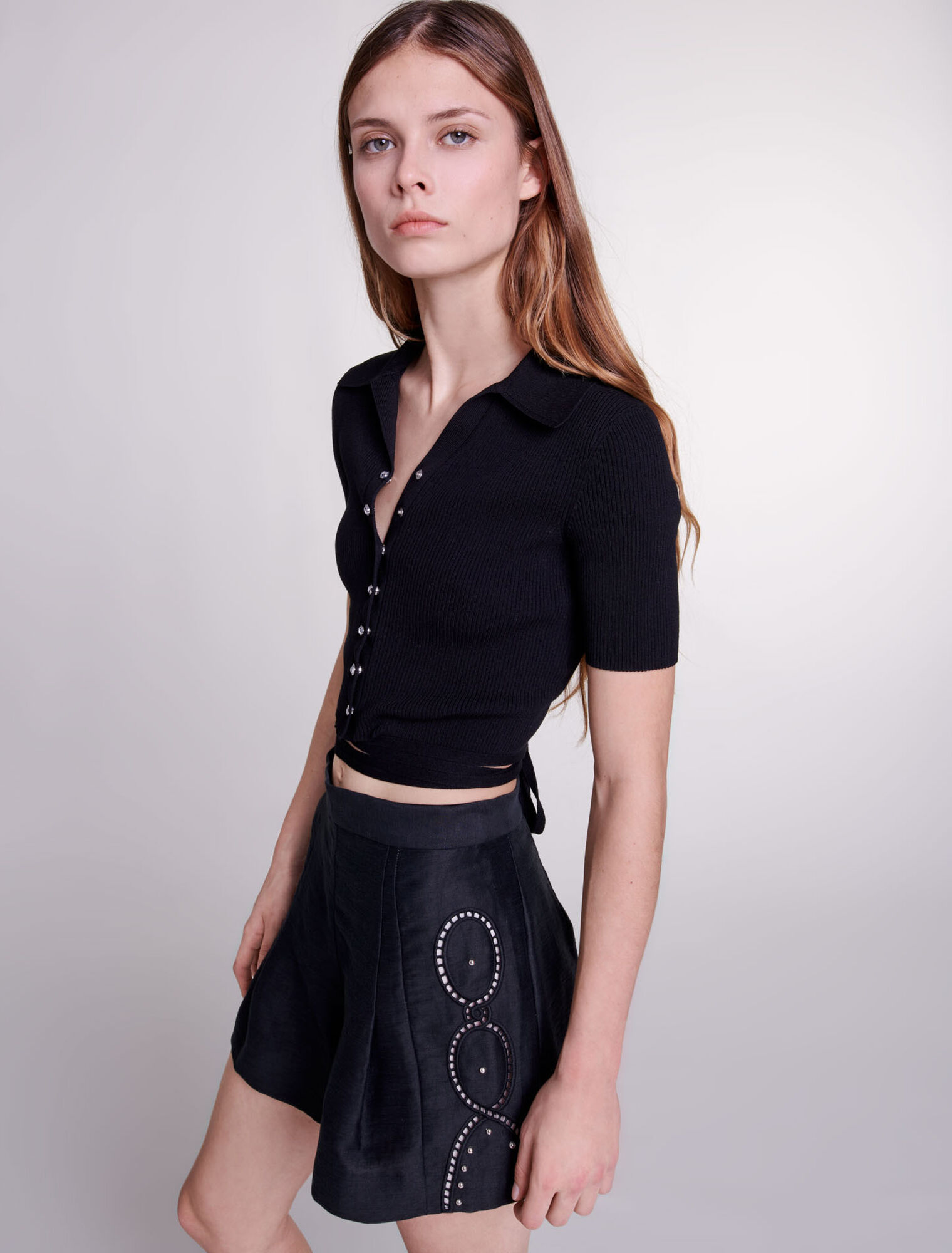 Leinen-Shorts Nieten & Lochmuster