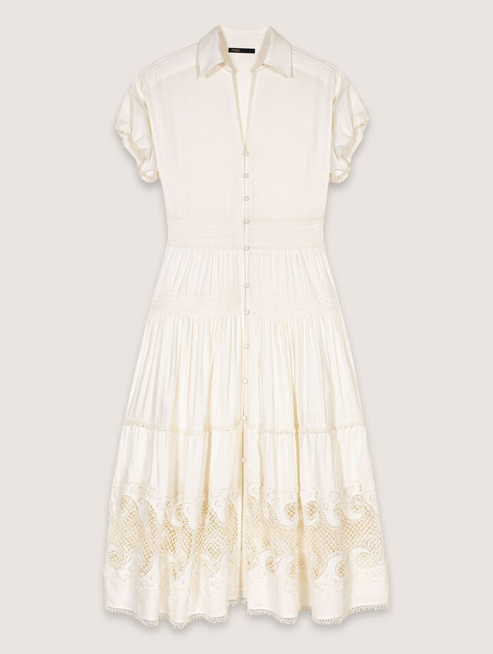 Langes besticktes Kleid mit Volants