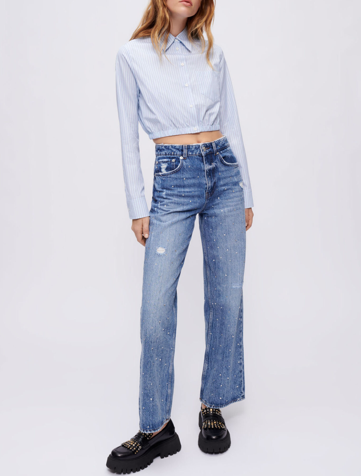 Strass-Jeans mit hoher Taille