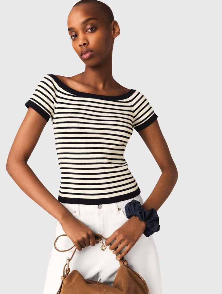 Rippstrick-Top U-Boot-Ausschnitt