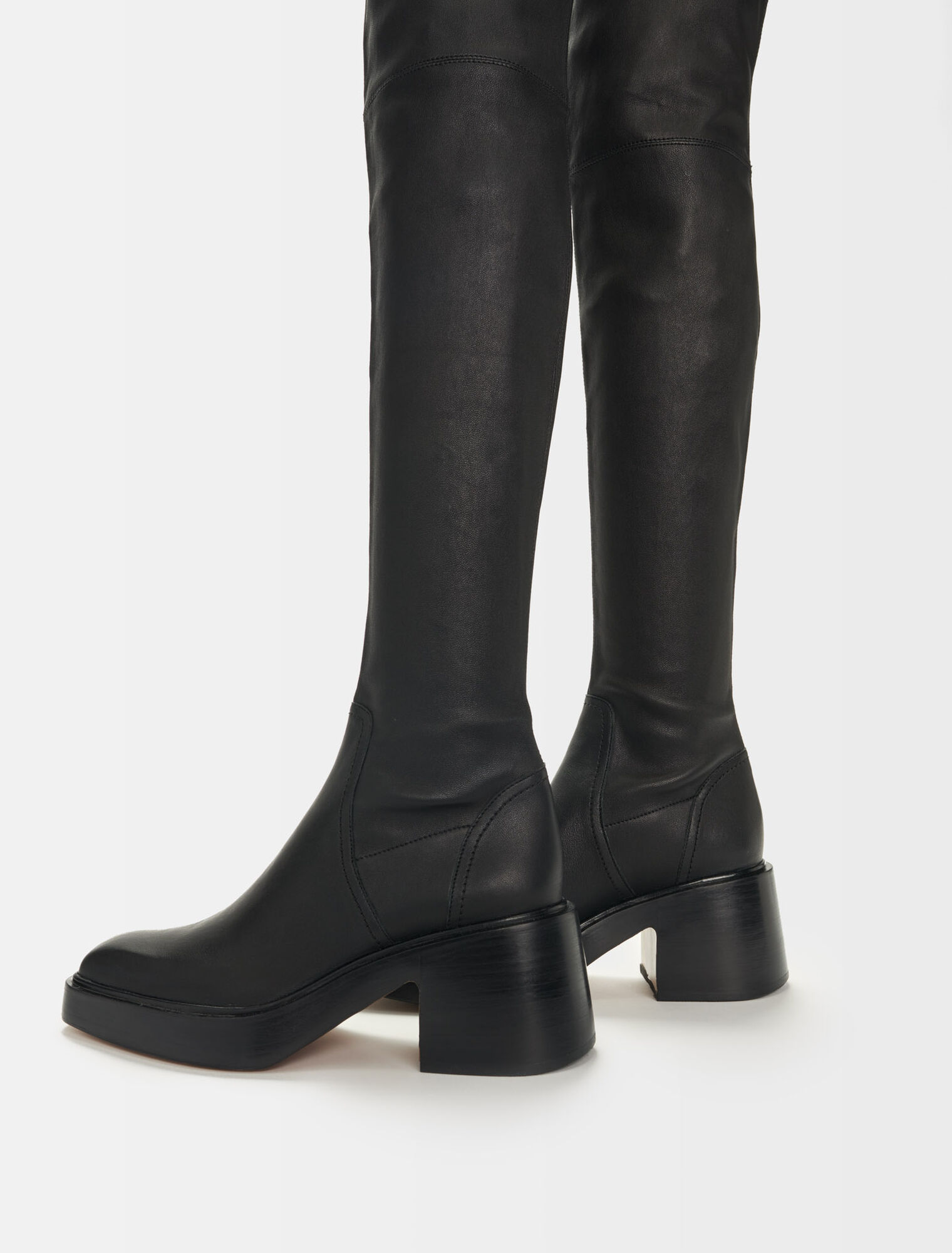 Overknee-Absatzstiefel, schwarzes Leder