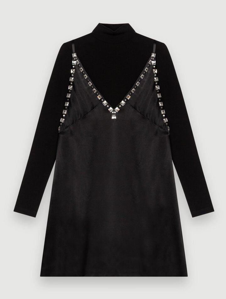 Schwarzes Satin-Kleid mit Schmuckträgern