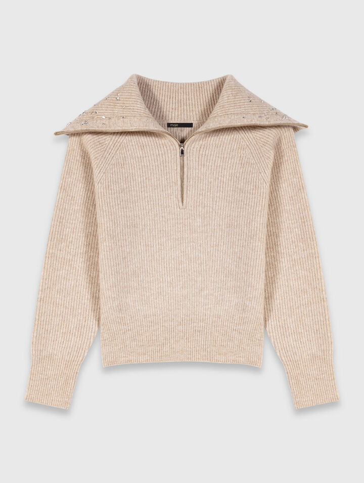 Strass-Pullover mit Reißverschlusskragen