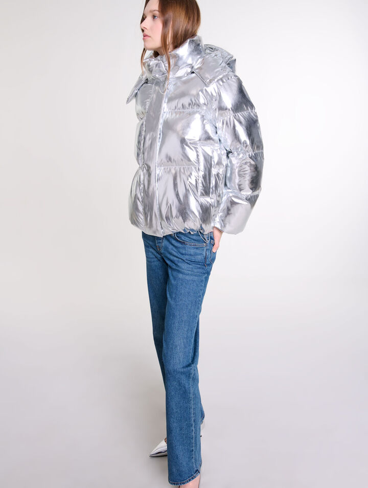 Silberne Daunenjacke mit Kapuze