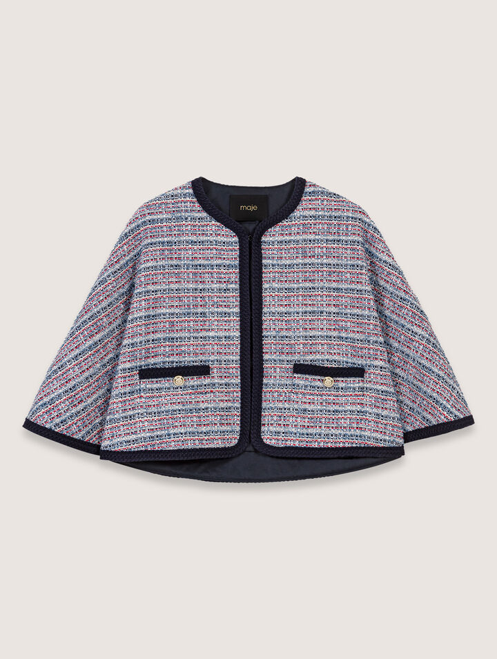 Cape aus Tweed mit Kontrastborte