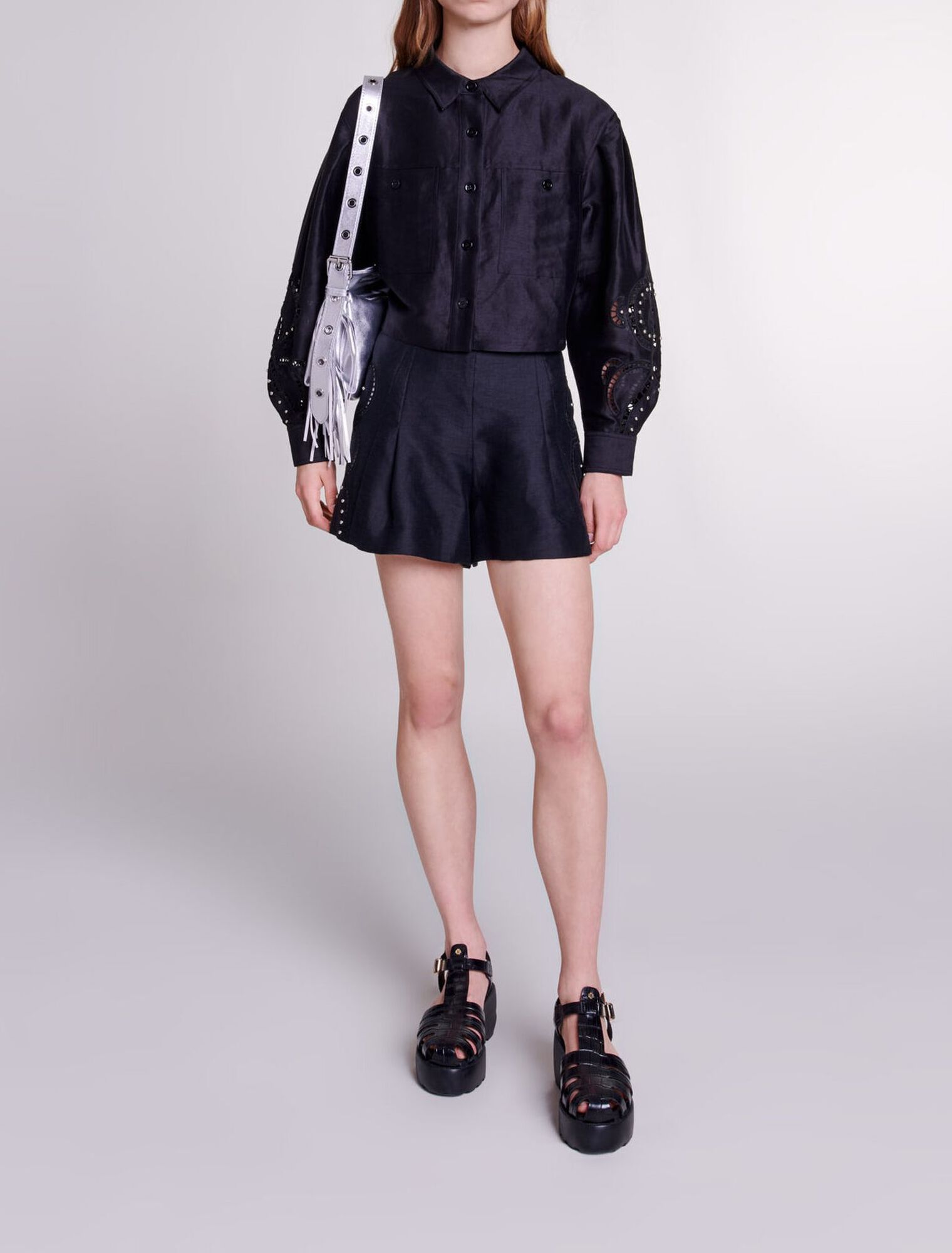 Leinen-Shorts Nieten & Lochmuster