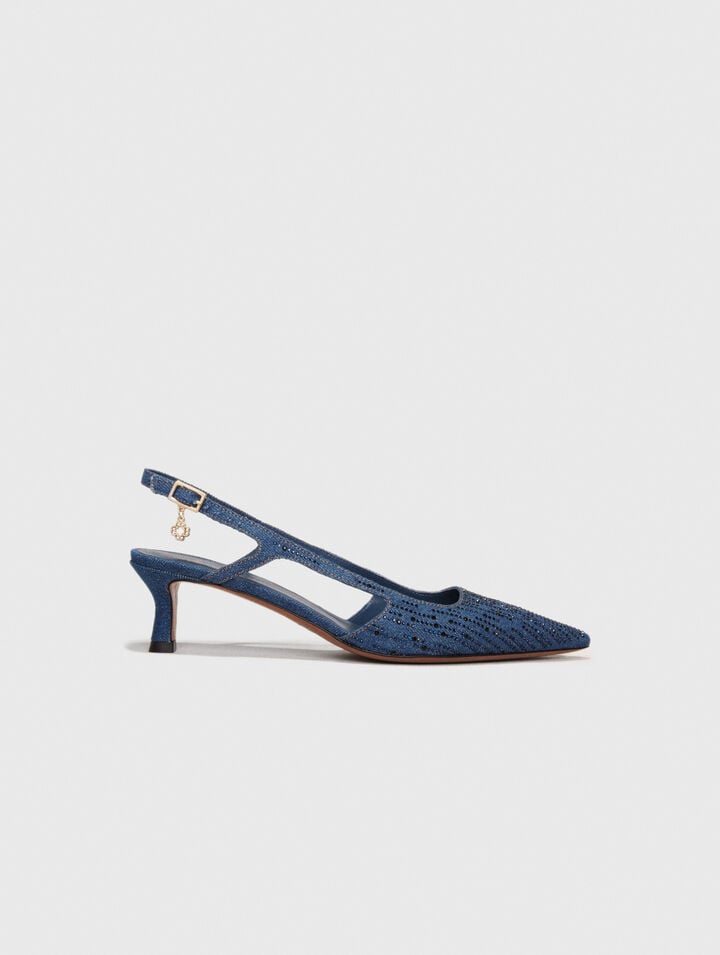 Slingback-Denim-Pumps mit Strass