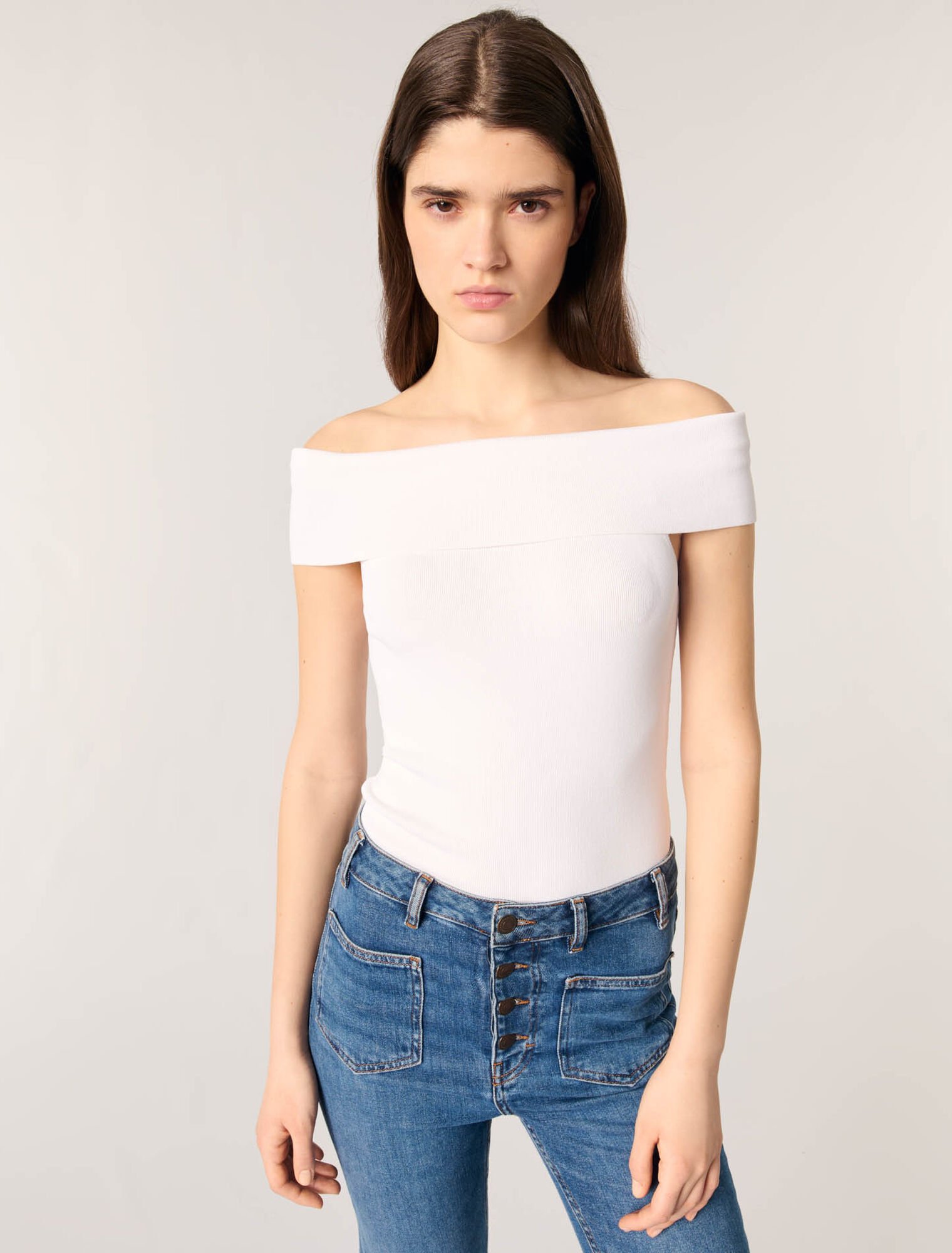 Rippstricktop mit Bardot-Kragen