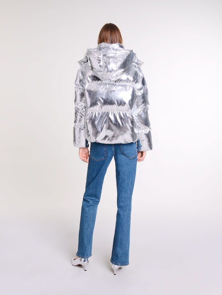 Silberne Daunenjacke mit Kapuze