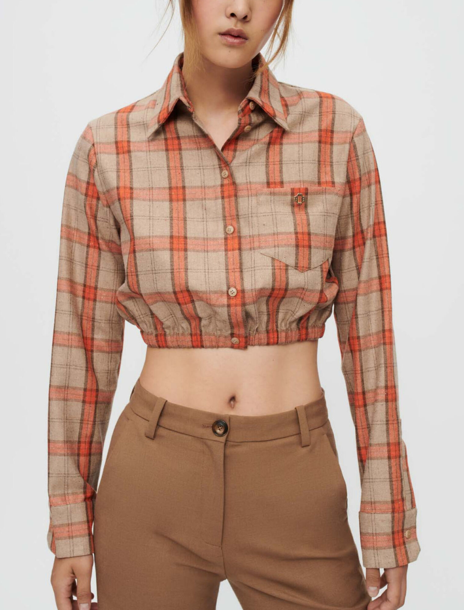 Crop-Hemd mit Karos in Camel und Orange