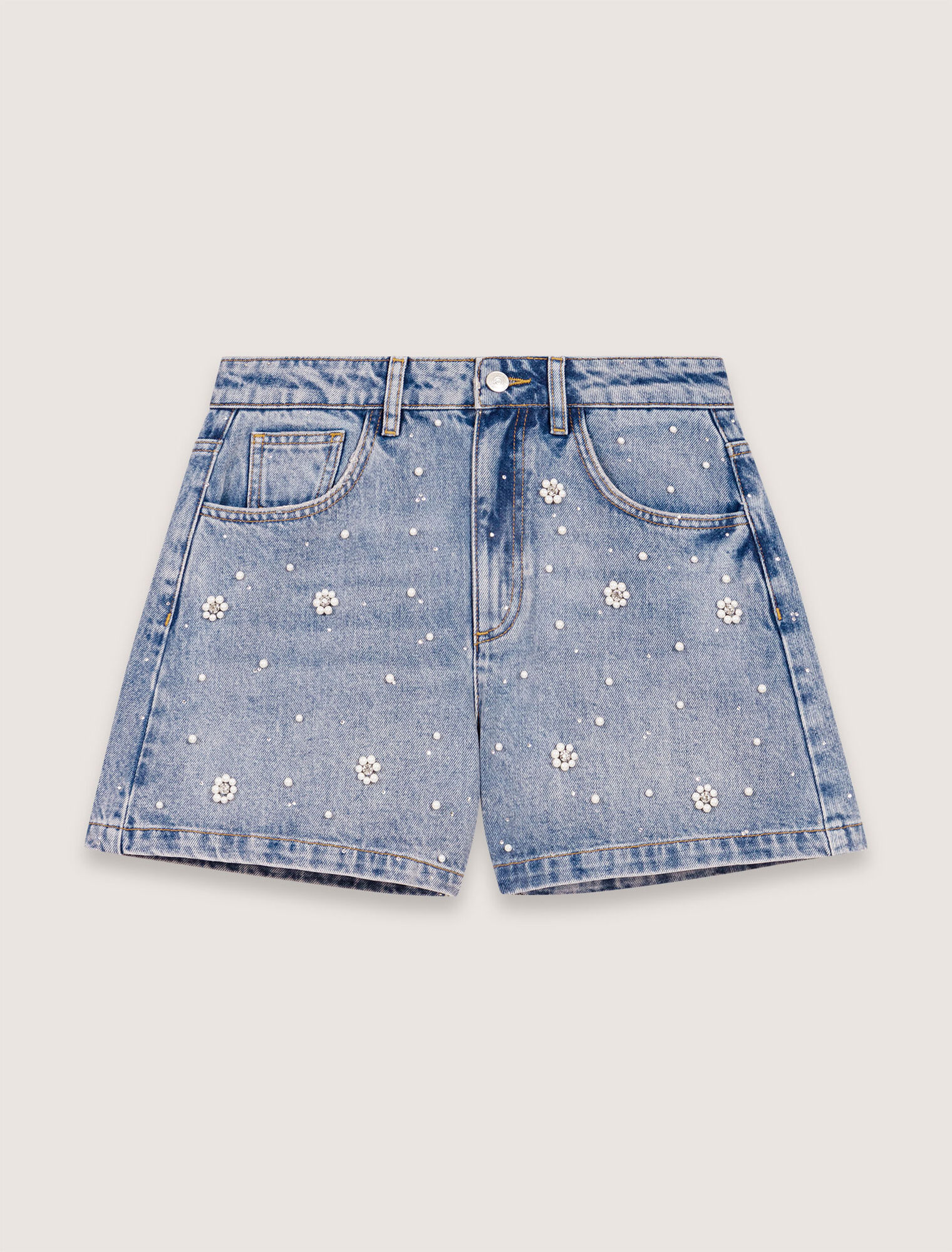 Denim-Shorts mit bestickten Perlen