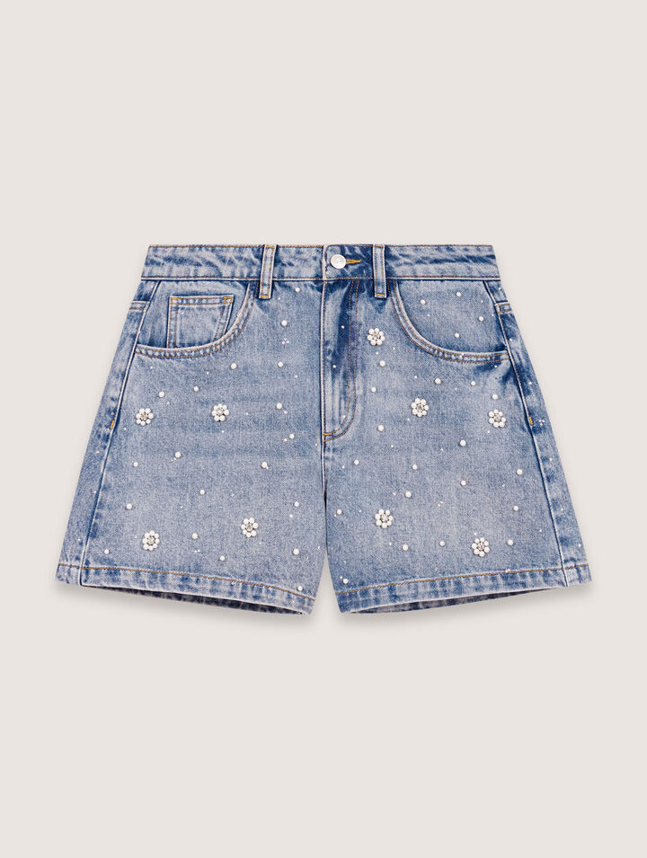 Denim-Shorts mit bestickten Perlen