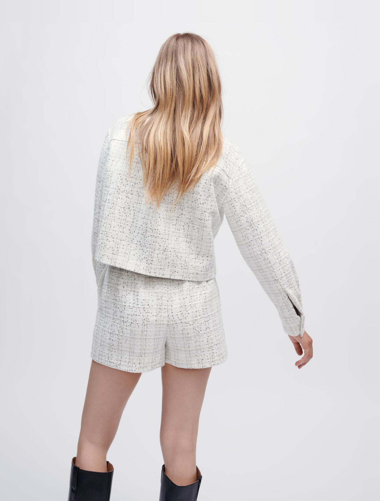 Ecrufarbenes Tweed-Hemd mit Pailletten