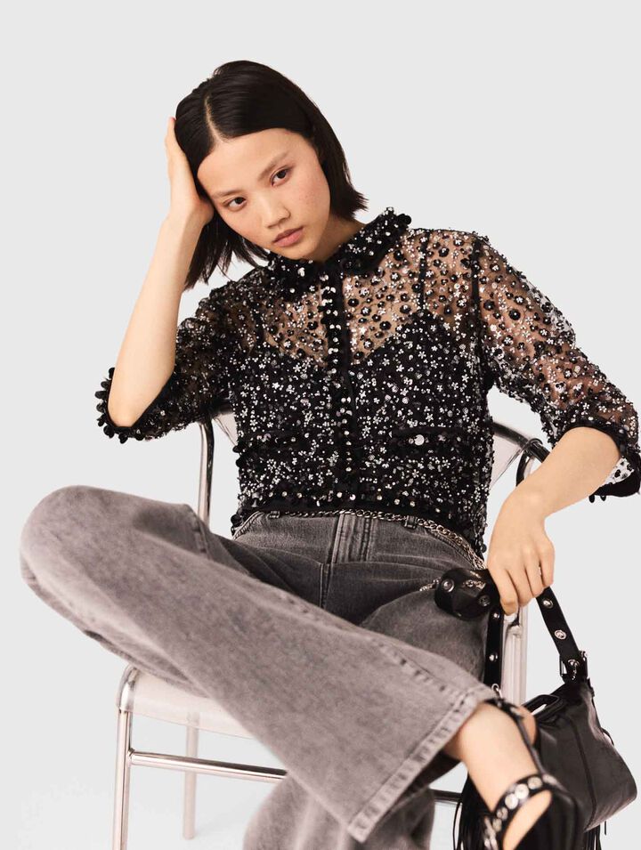 Polo mit Strass und floralem Muster