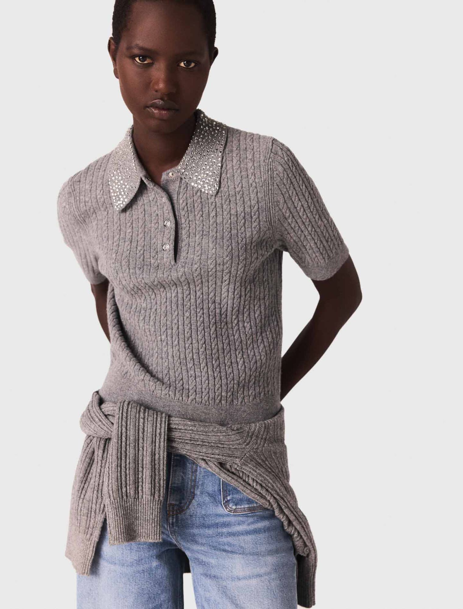 Poloshirt aus Wolle mit Strasskragen